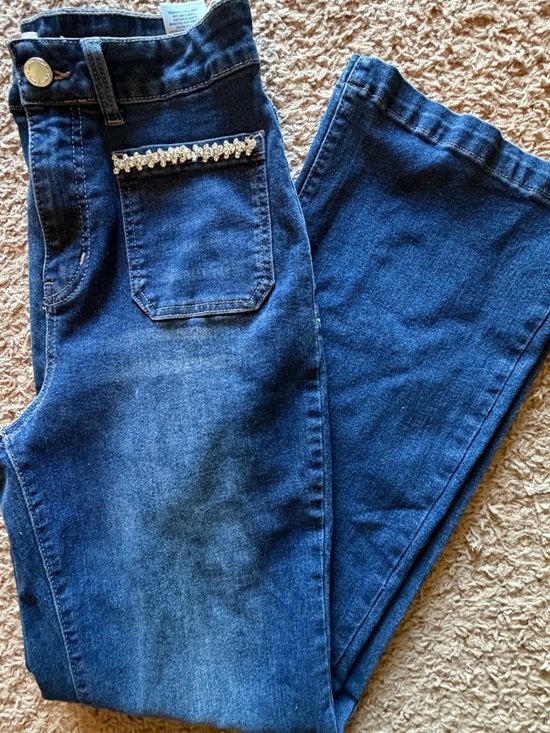 copper flash Denim - Copper Flash Rhinestone Front Square Pocket Wide-Leg Jeans